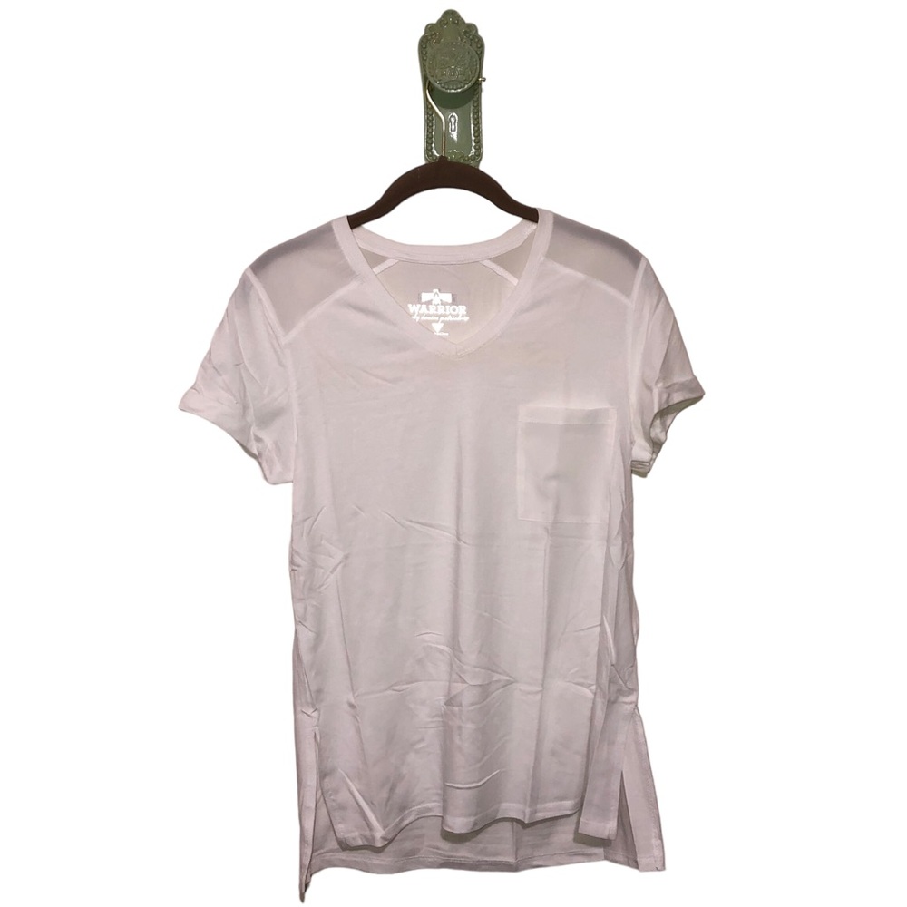 Warrior Chiffon Shoulder Boyfriend Tee Shirt Blouse Sheer Pocket Side Slit NWOT